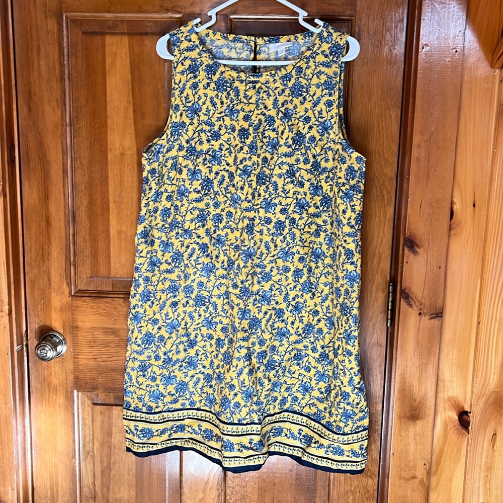 J Jill Love Linen Yellow/Blue Floral Vine Print with Pockets Shift Dress Size L